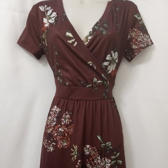 Zattcas Mock Wrap Short Sleeve Maroon Floral Long Tall Maxi Dress Size M - Picture 1 of 12